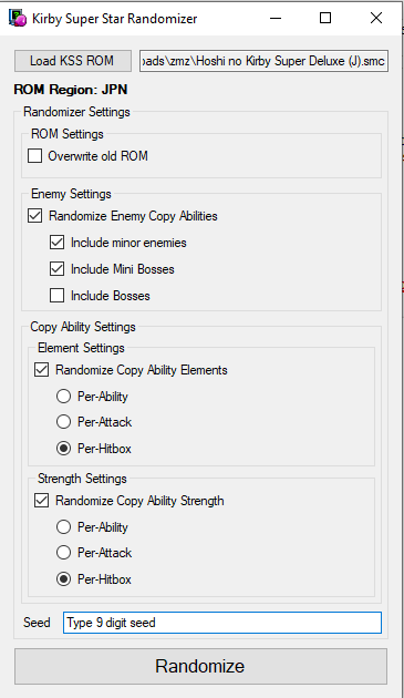 KirbyRandomizer.exe configuration